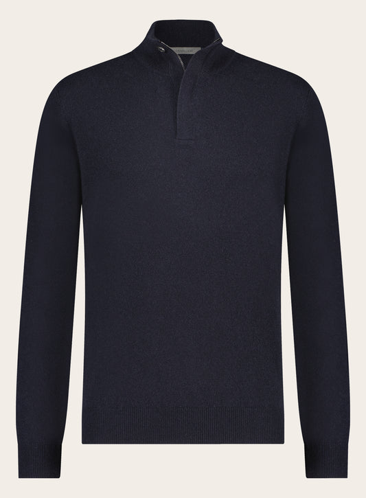 Slim-fit coltrui met rits- en knoopsluiting van cashmere | BLUE NAVY