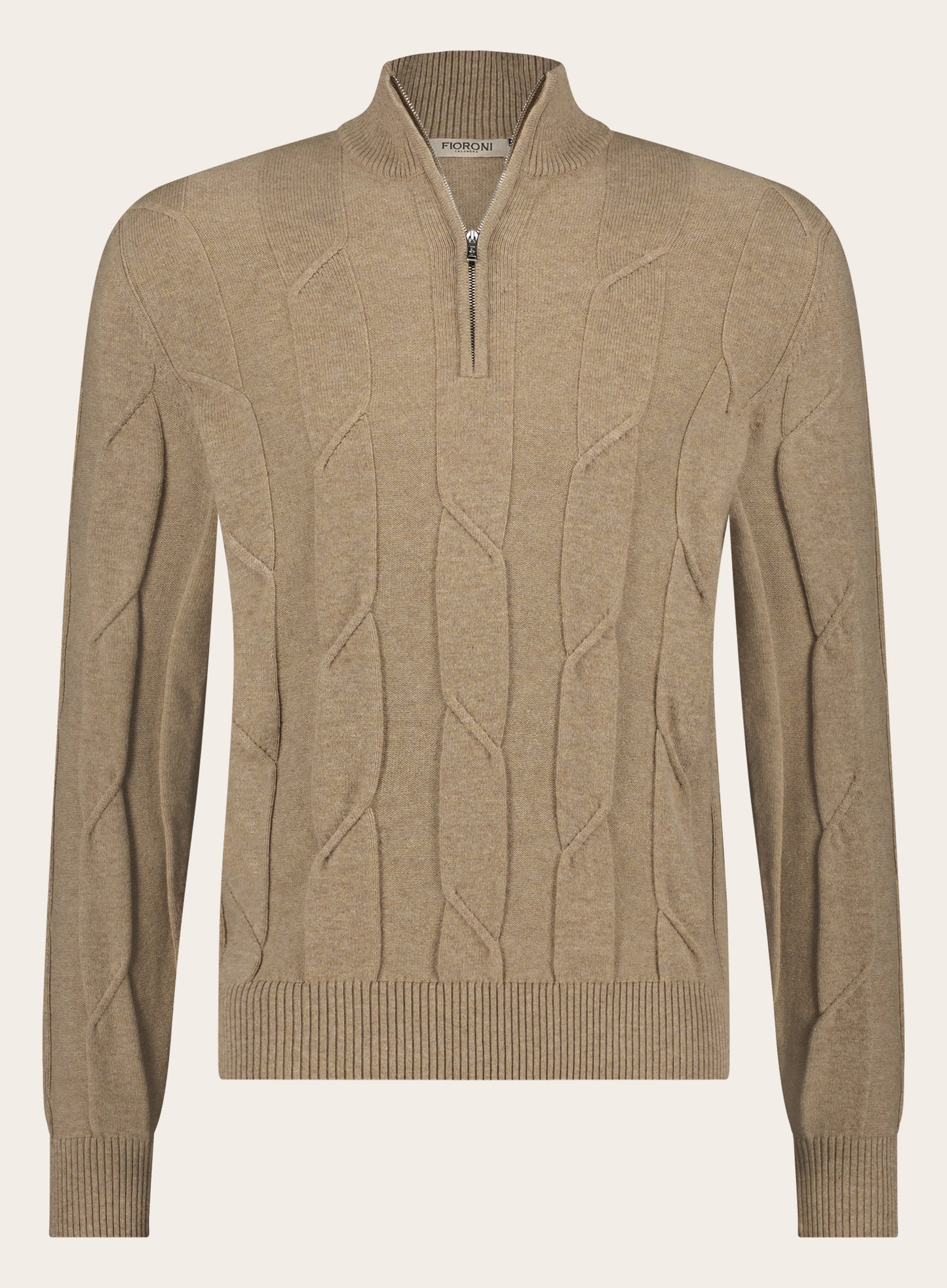 Slim-fit half-zip trui met kabelpatroon van wol en cashmere | Camel