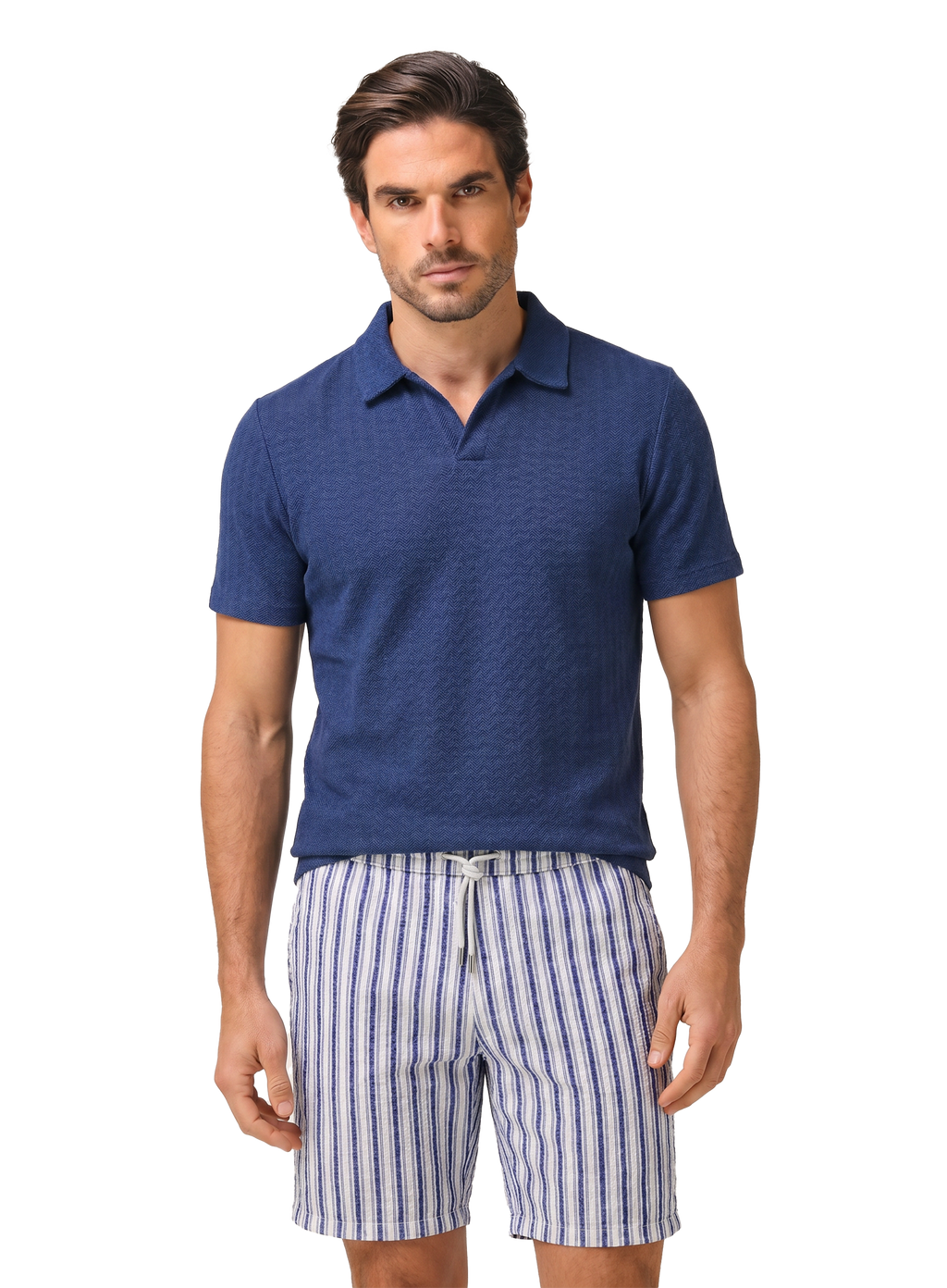 Buttonless polo van katoen en linnen | FULL_WIDTH | MODEL | BLUE NAVY