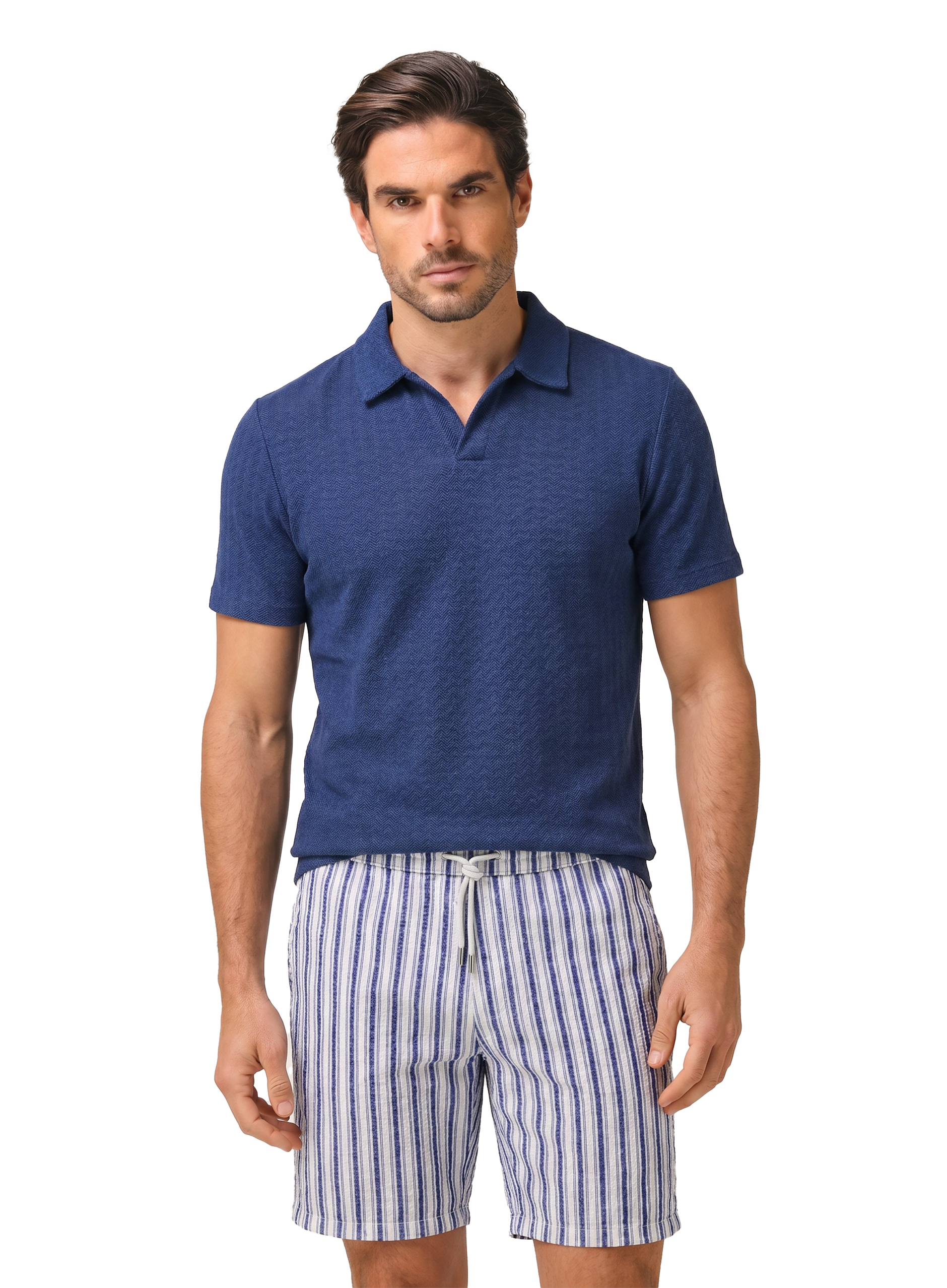 Buttonless polo van katoen en linnen | FULL_WIDTH | MODEL | BLUE NAVY