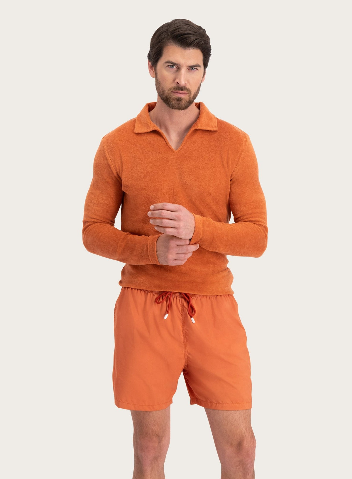 Badstof poloshirt met lange mouwen van katoen | MODEL | FULL_WIDTH | Roest 