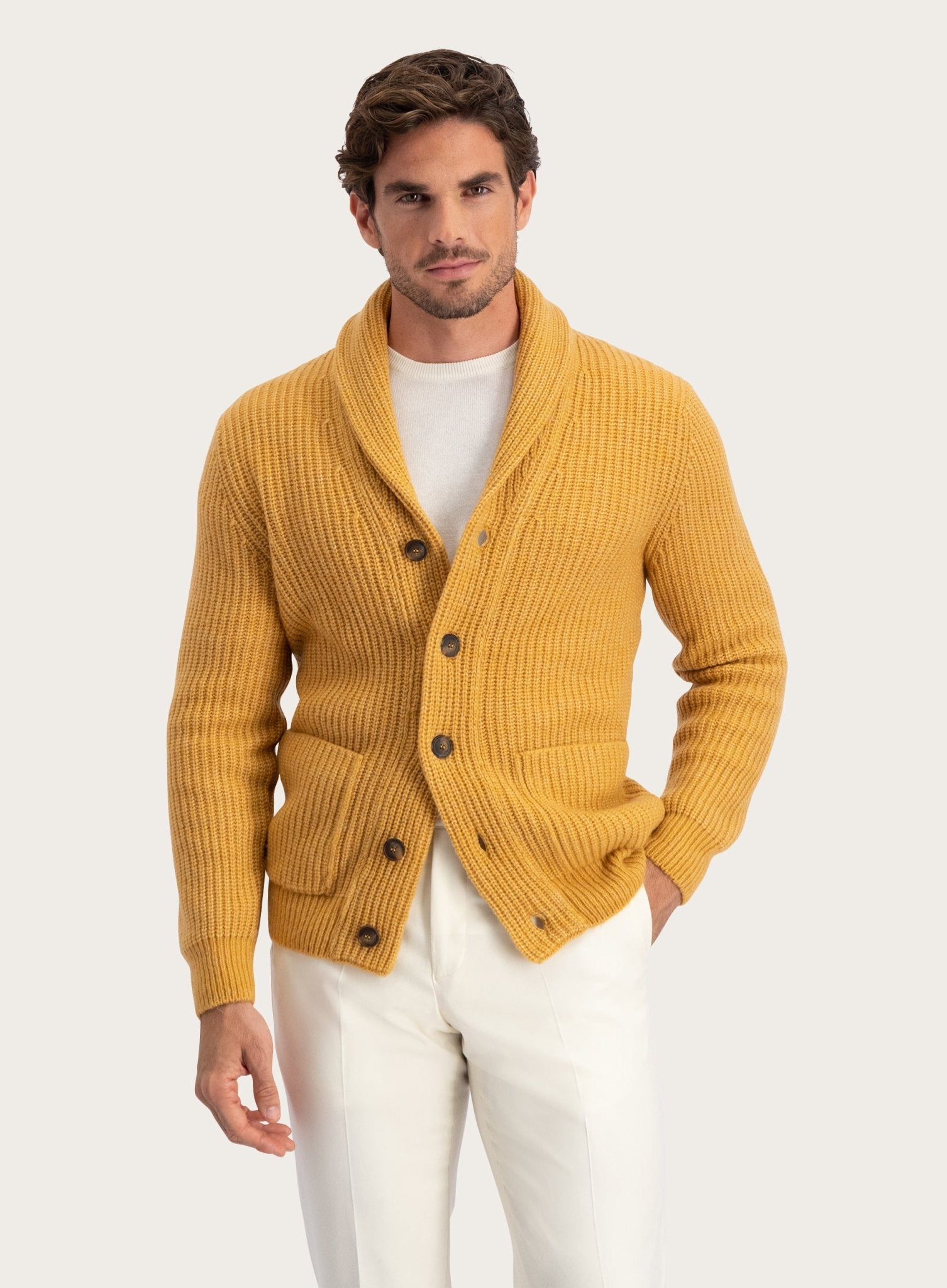 Cardigan met platte kraag | Mosterd 