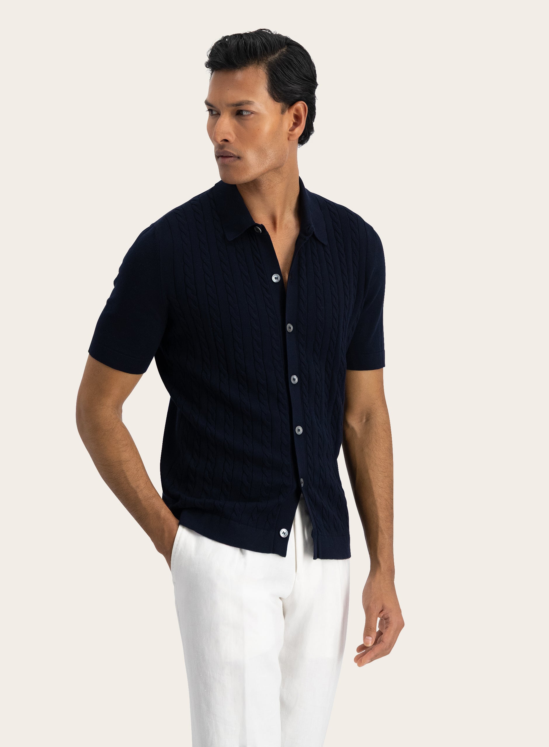 Polo van katoen met kabelstructuur | BLUE NAVY