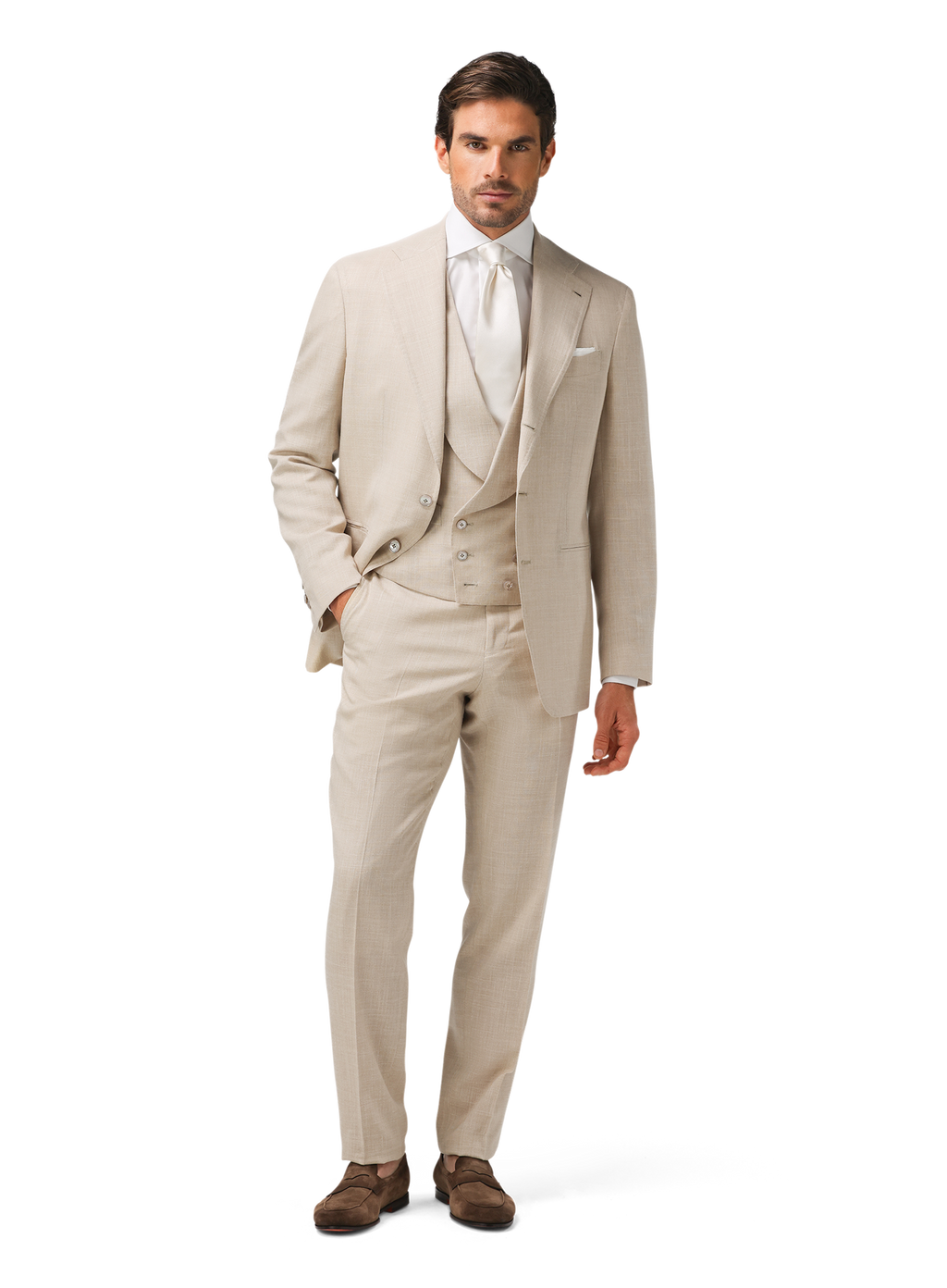 Pak van wol, zijde en linnen (loro piana-stof) | FULL_WIDTH | MODEL | Beige