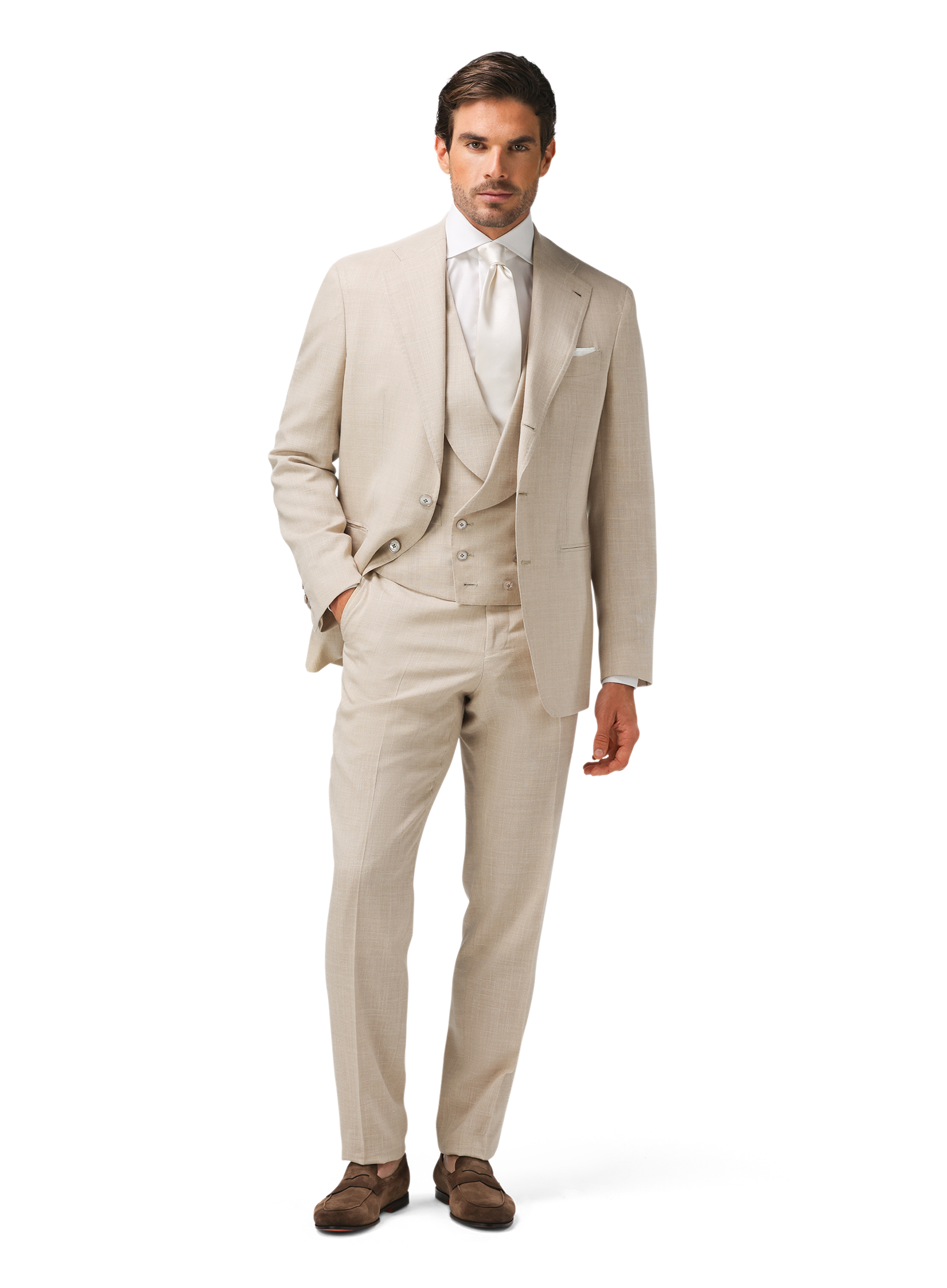 Pak van wol, zijde en linnen (loro piana-stof) | FULL_WIDTH | MODEL | Beige
