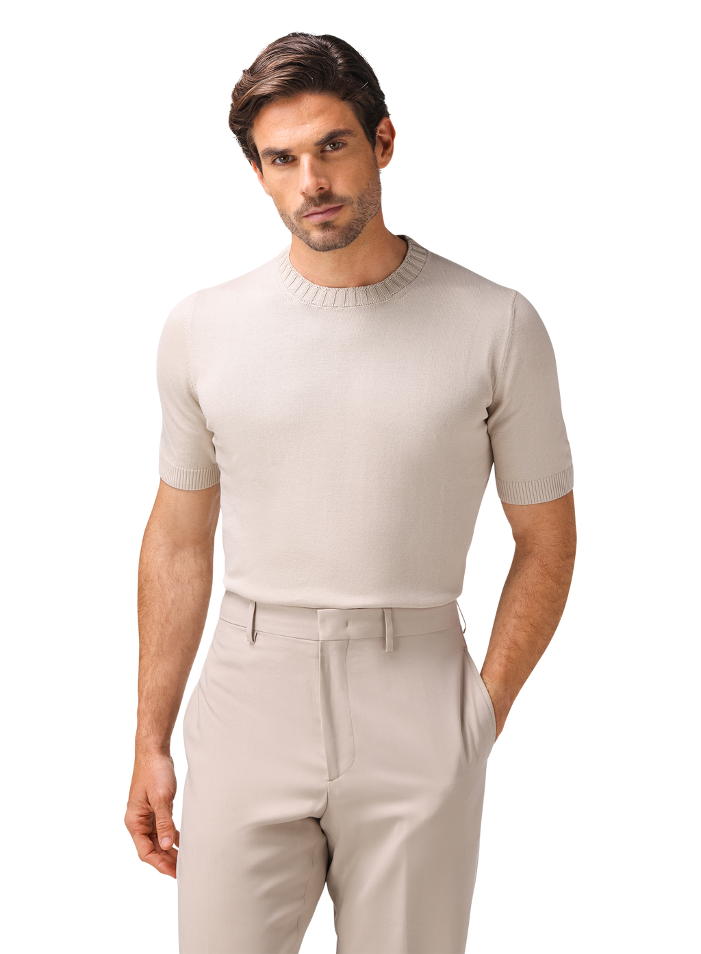 Fijngebreid katoenen T-shirt met ronde hals | MODEL | FULL_WIDTH | Beige