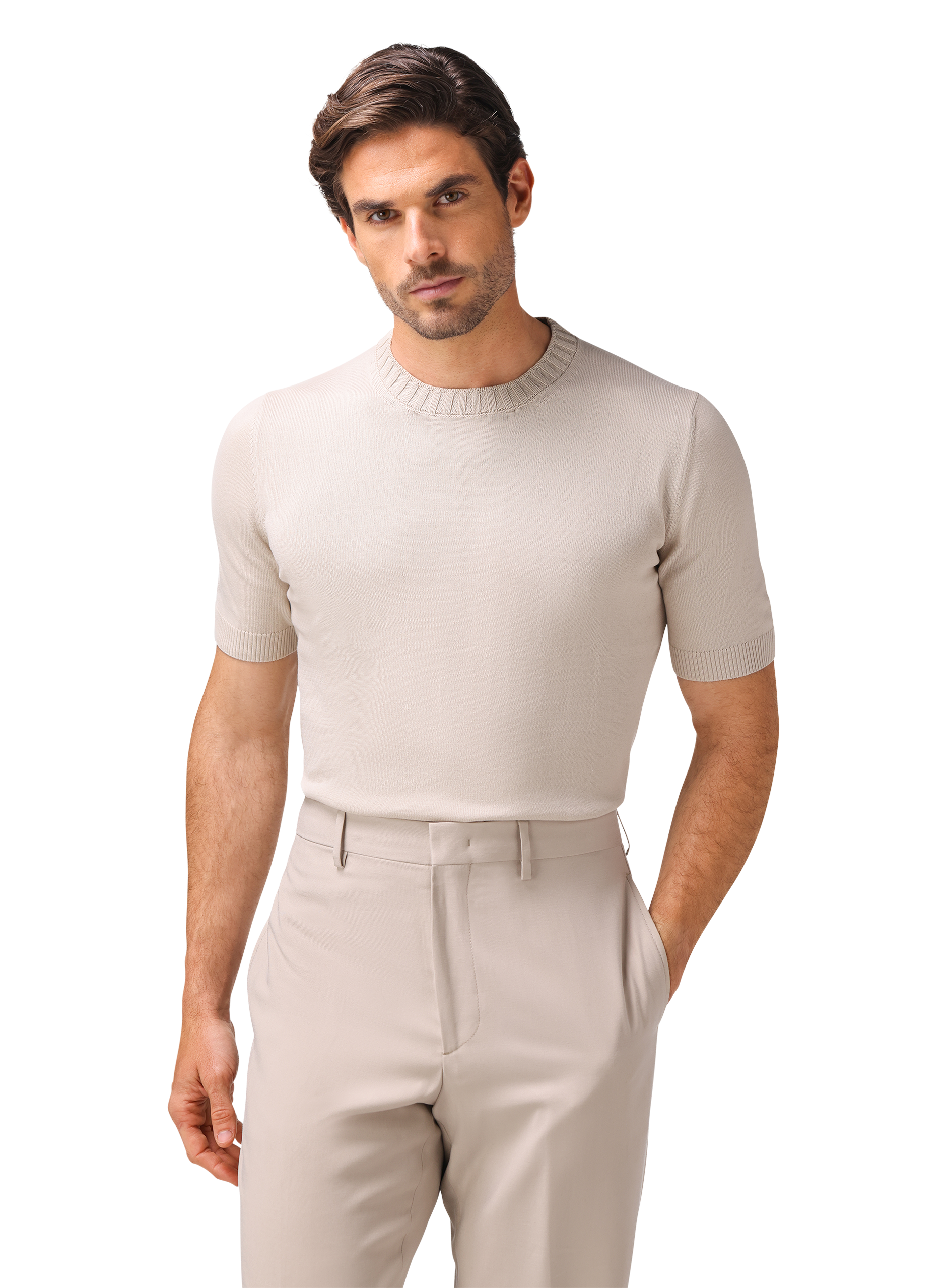 Fijngebreid katoenen T-shirt met ronde hals | MODEL | FULL_WIDTH | Beige