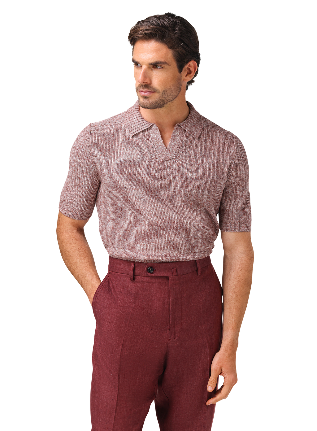 Buttonless polo van linnen en katoen | MODEL | FULL_WIDTH | ROZE