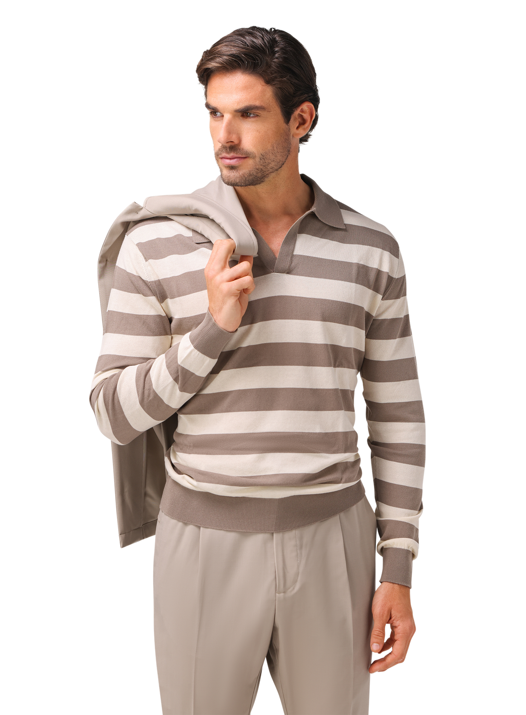 Gestreepte buttonless polo van katoen | MODEL | TAUPE BEIGE