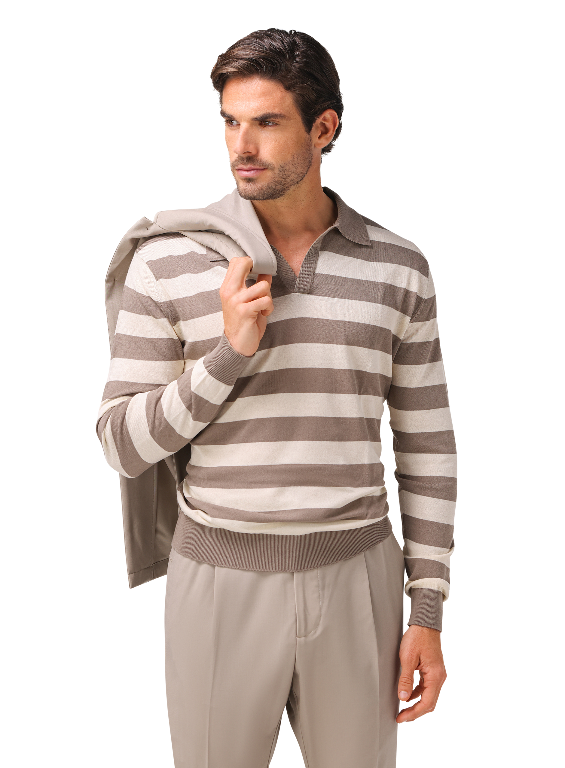Gestreepte buttonless polo van katoen | MODEL | TAUPE BEIGE