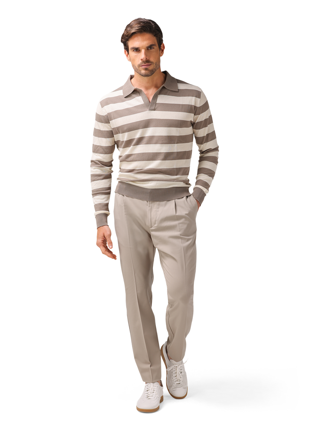 Gestreepte buttonless polo van katoen | MODEL | TAUPE BEIGE