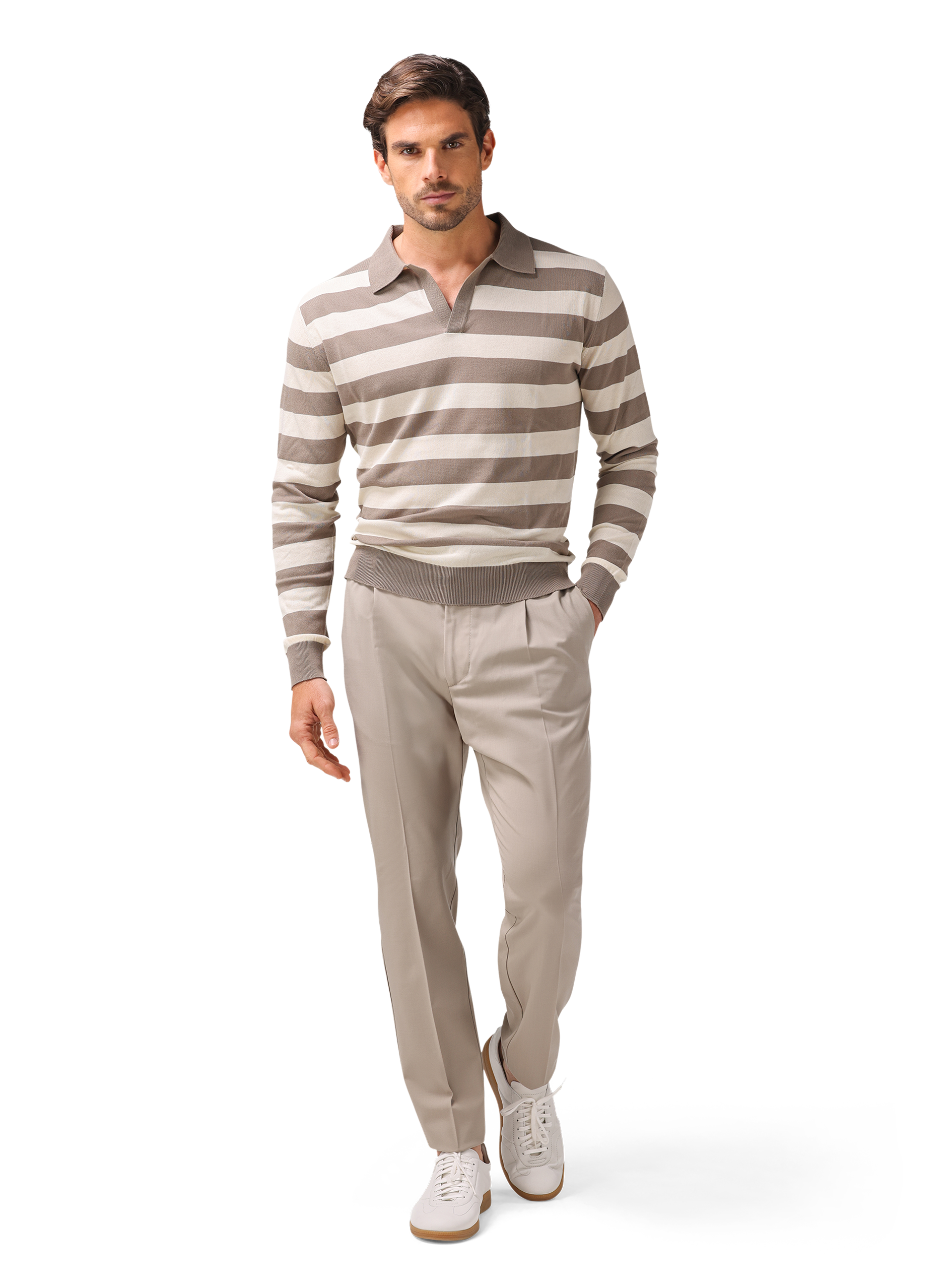Gestreepte buttonless polo van katoen | MODEL | TAUPE BEIGE