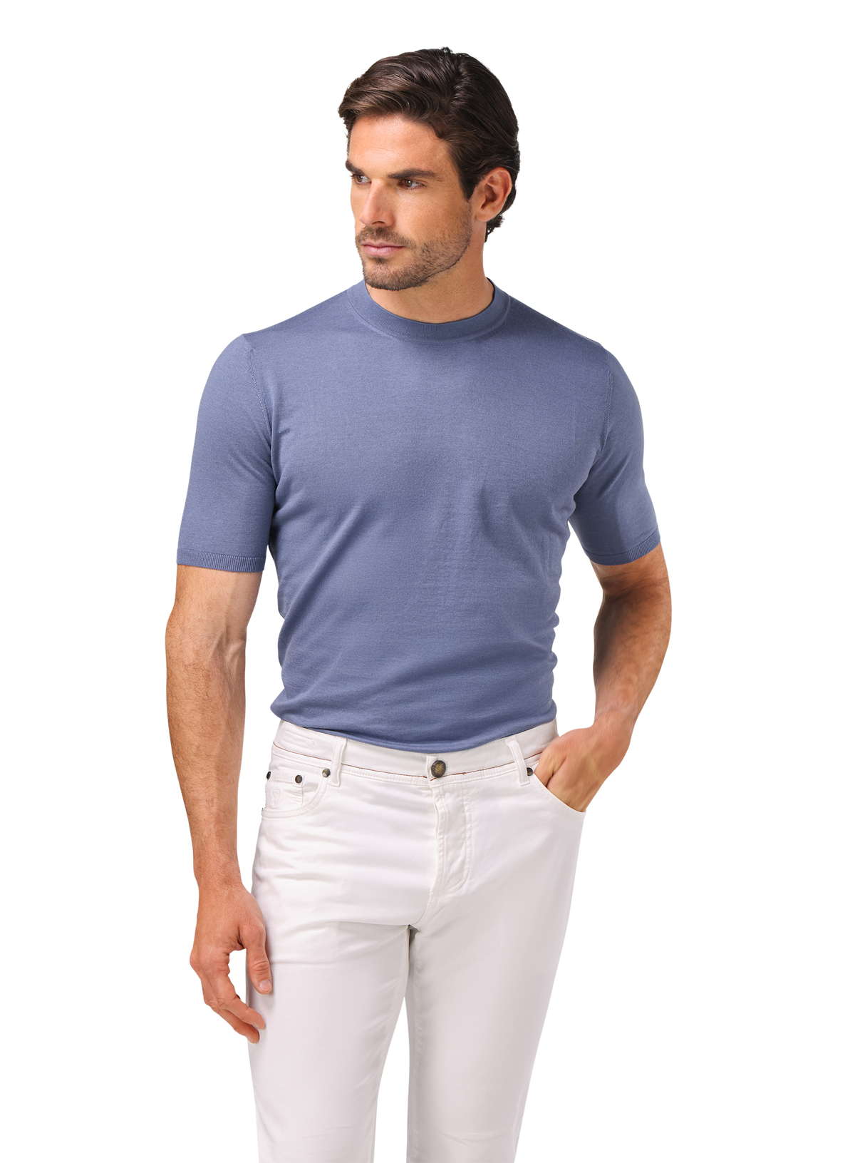 T-shirt van cashmere en katoen | MODEL | FULL_WIDTH | L.Blauw