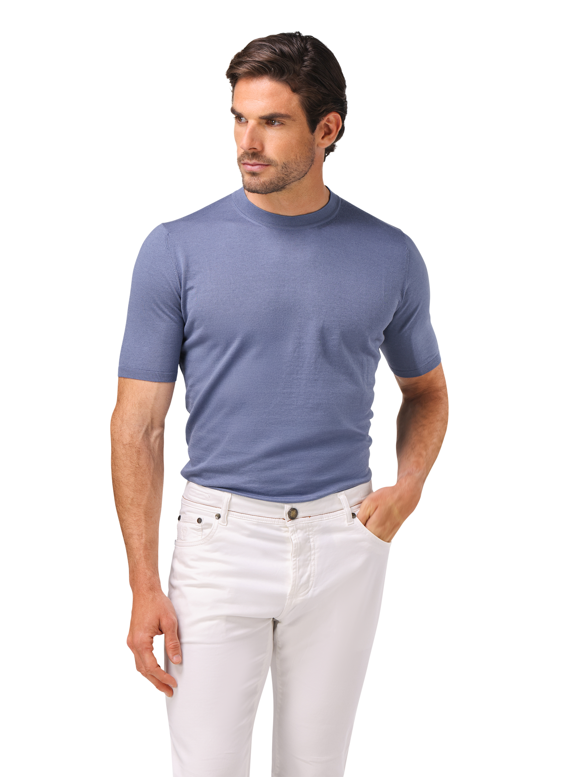 T-shirt van cashmere en katoen | MODEL | FULL_WIDTH | L.Blauw