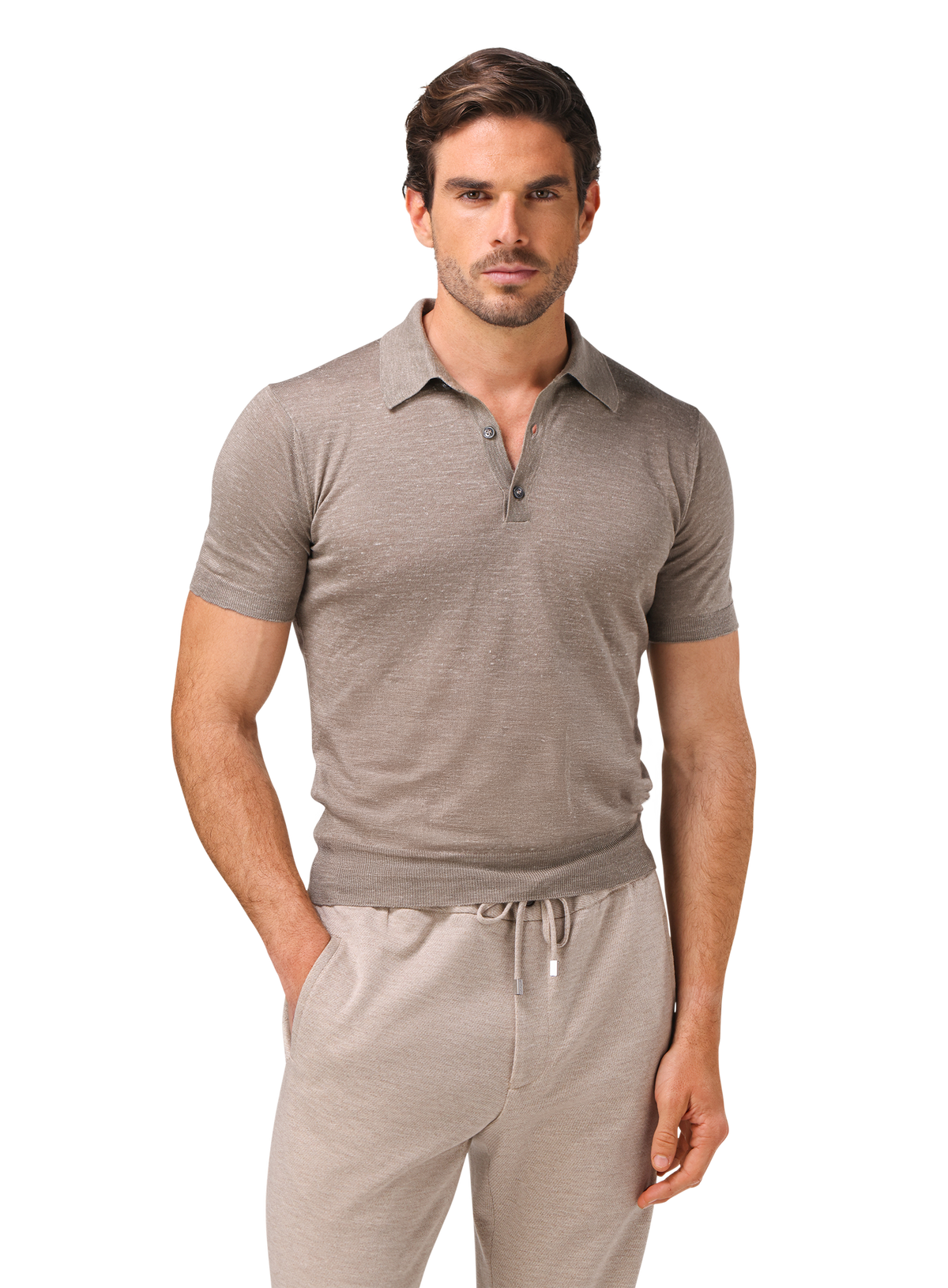 Cashmere-zijde-hennep polo | MODEL | FULL_WIDTH | Beige