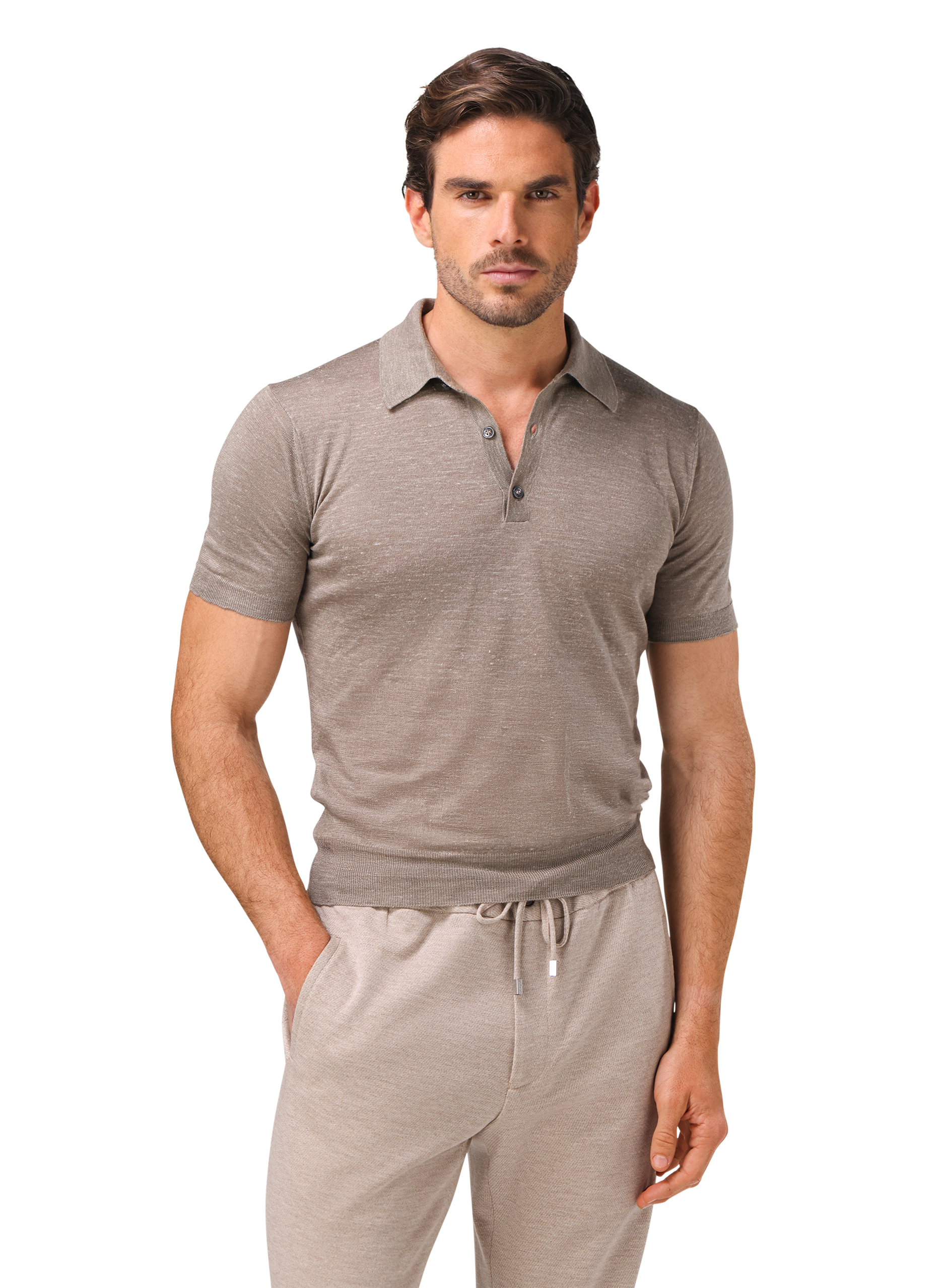 Cashmere-zijde-hennep polo | MODEL | FULL_WIDTH | Beige