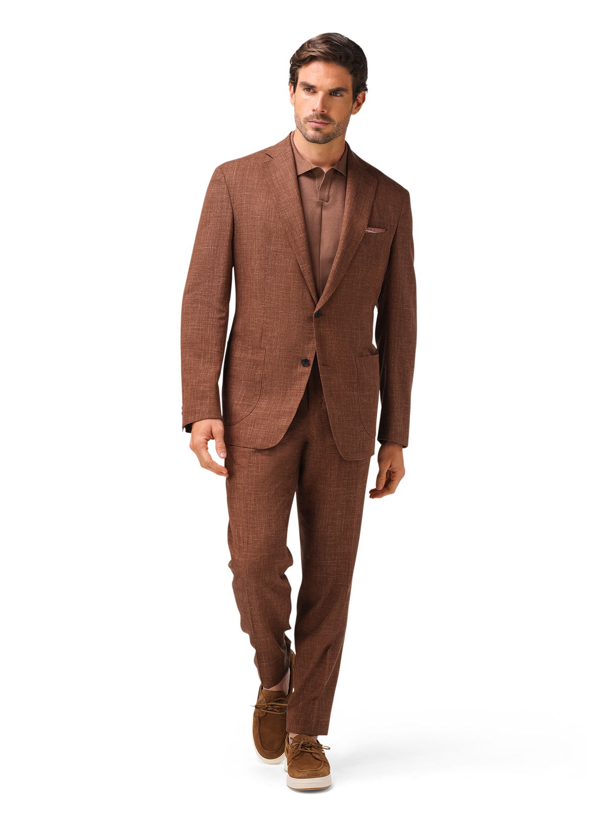 Pak van wol, zijde en linnen (loro piana-stof) | FULL_WIDTH | MODEL | Bruin