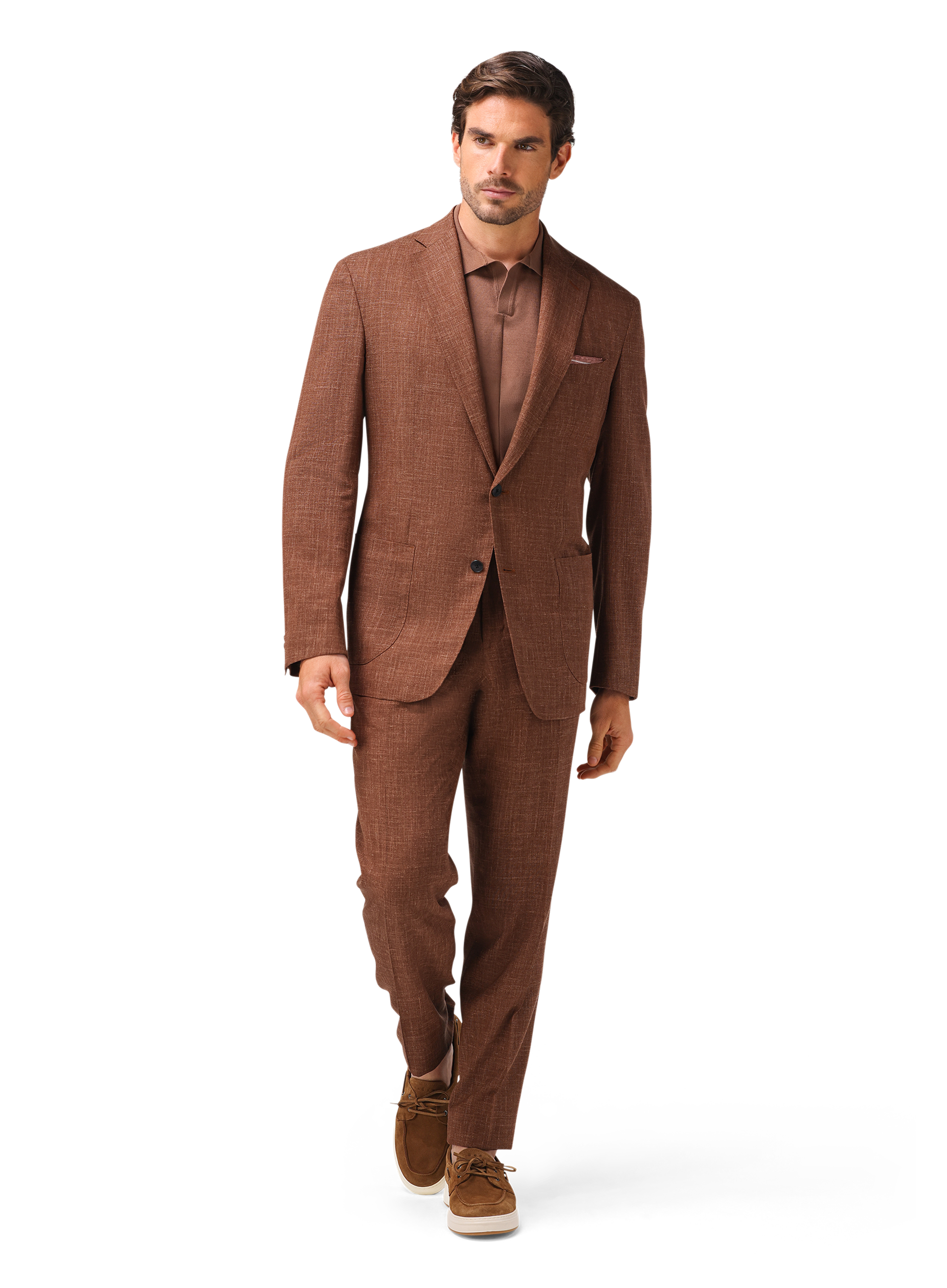 Pak van wol, zijde en linnen (loro piana-stof) | FULL_WIDTH | MODEL | Bruin