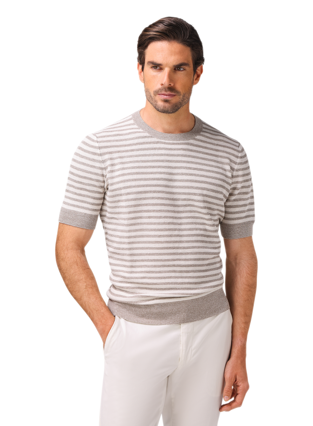 Gestreept t-shirt van linnen en katoen | MODEL | FULL_WIDTH | ROZE