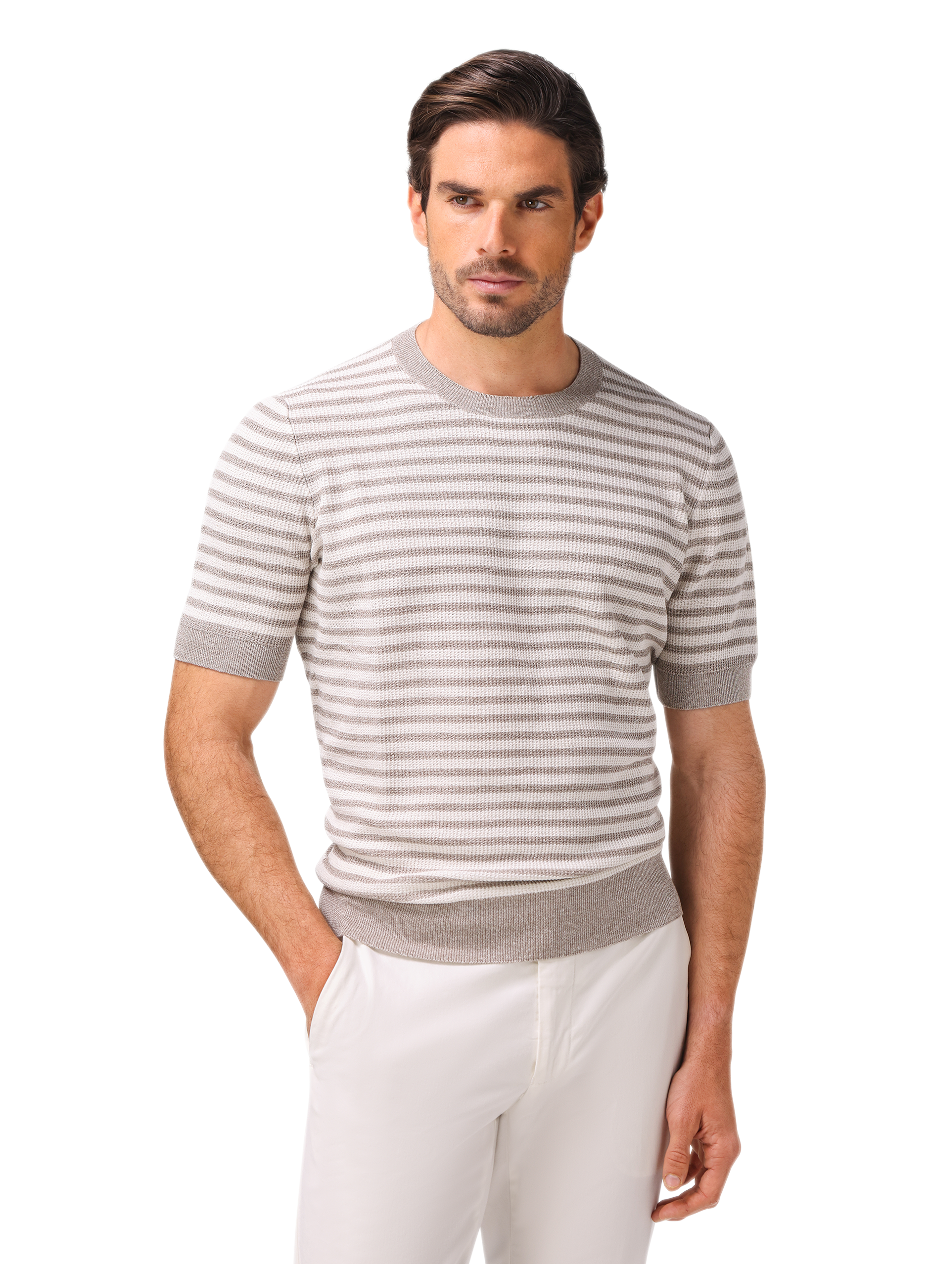 Gestreept t-shirt van linnen en katoen | MODEL | FULL_WIDTH | ROZE