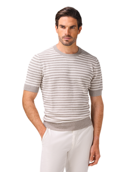 Gestreept t-shirt van linnen en katoen | MODEL | FULL_WIDTH | ROZE