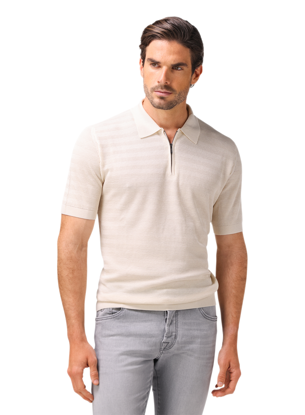 Half-zip polo van zijde en katoen | MODEL | FULL_WIDTH | Wit