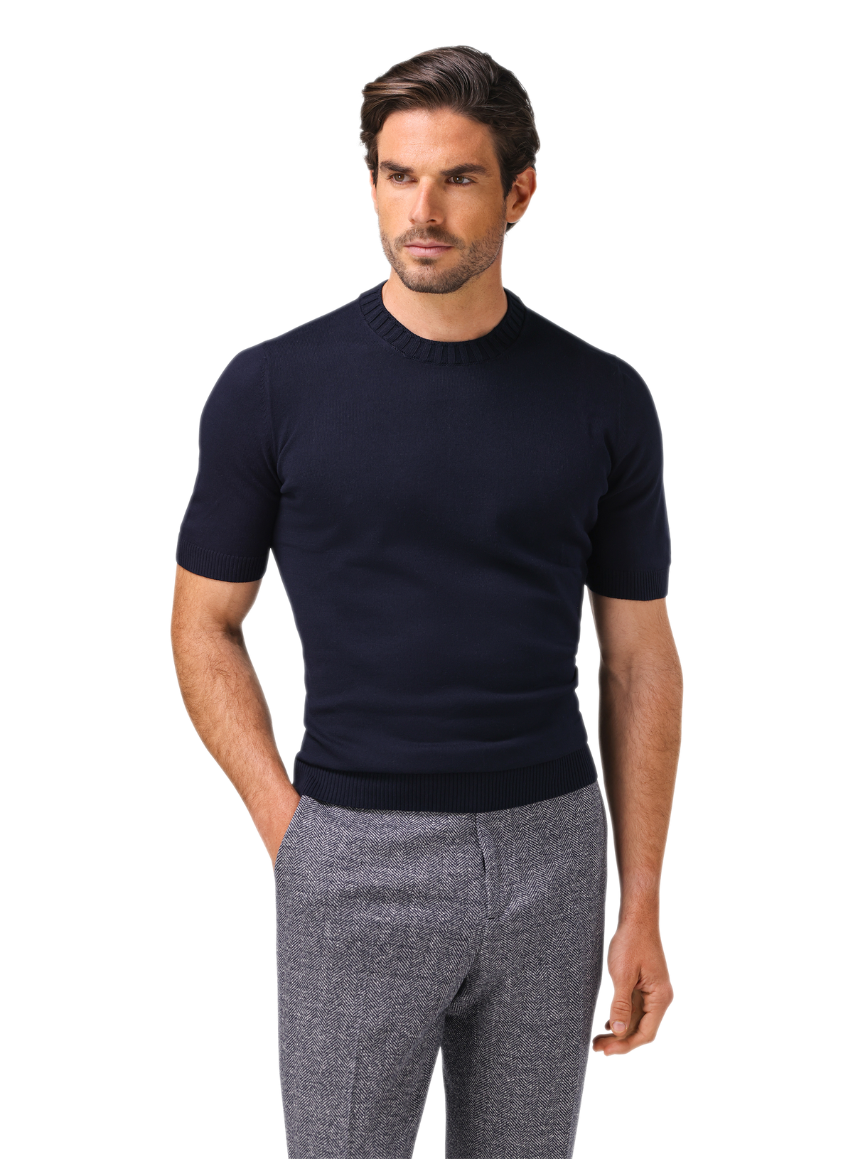 Fijngebreid katoenen T-shirt met ronde hals | MODEL | FULL_WIDTH | BLUE NAVY