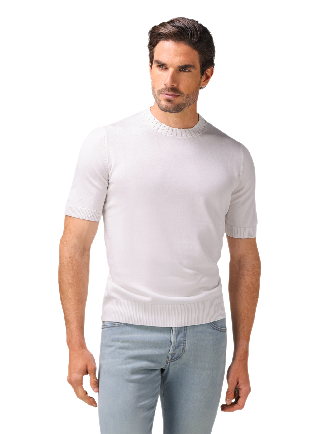Fijngebreid katoenen T-shirt met ronde hals | MODEL | FULL_WIDTH | Wit