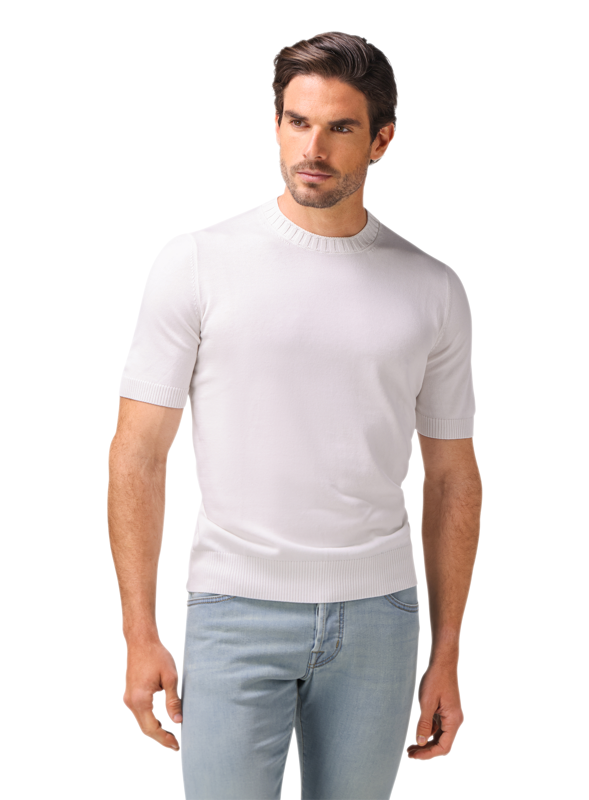 Fijngebreid katoenen T-shirt met ronde hals | MODEL | FULL_WIDTH | Wit
