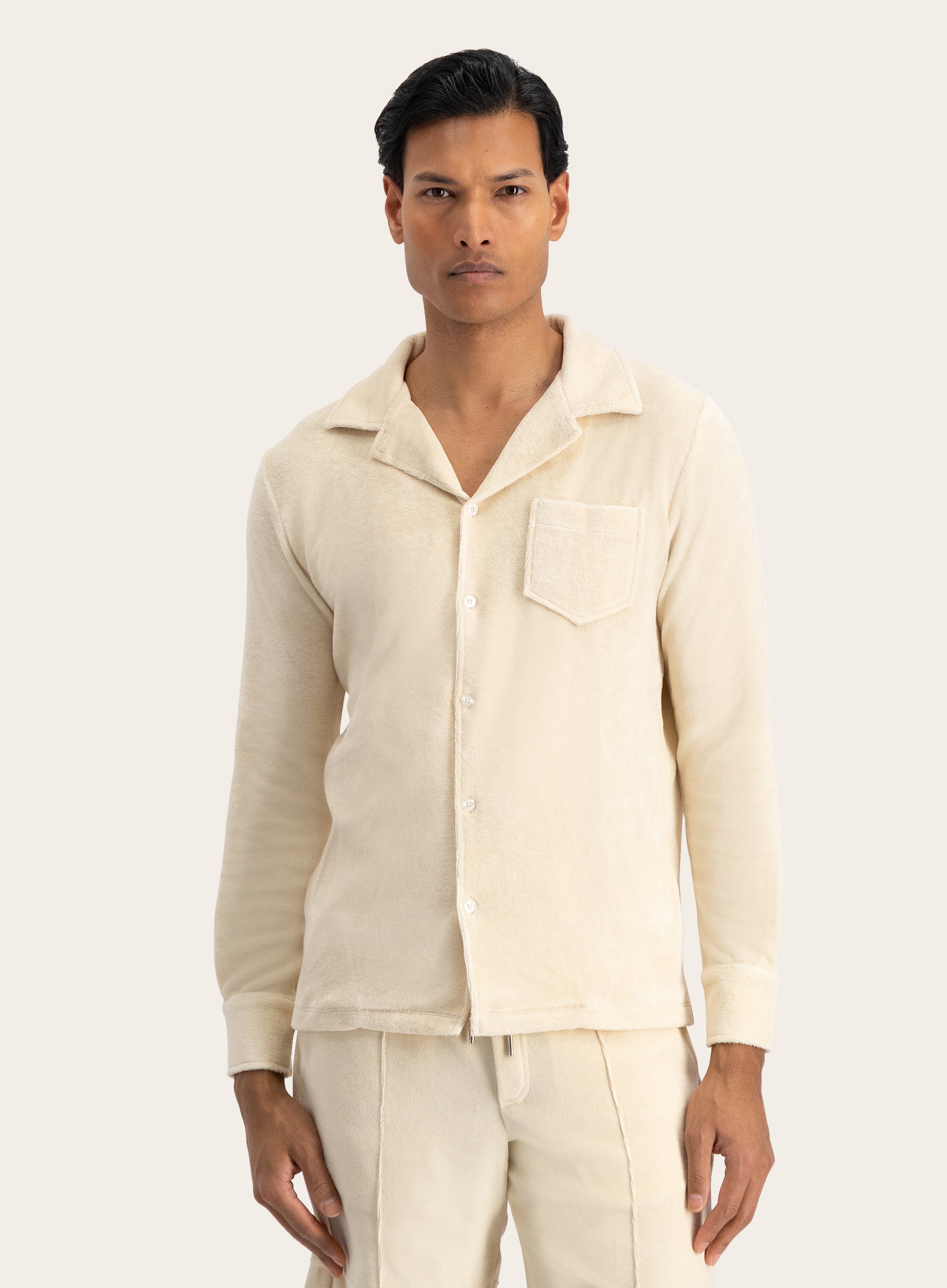 Terry badstof polo met lange mouwen | MODEL | FULL_WIDTH | Beige