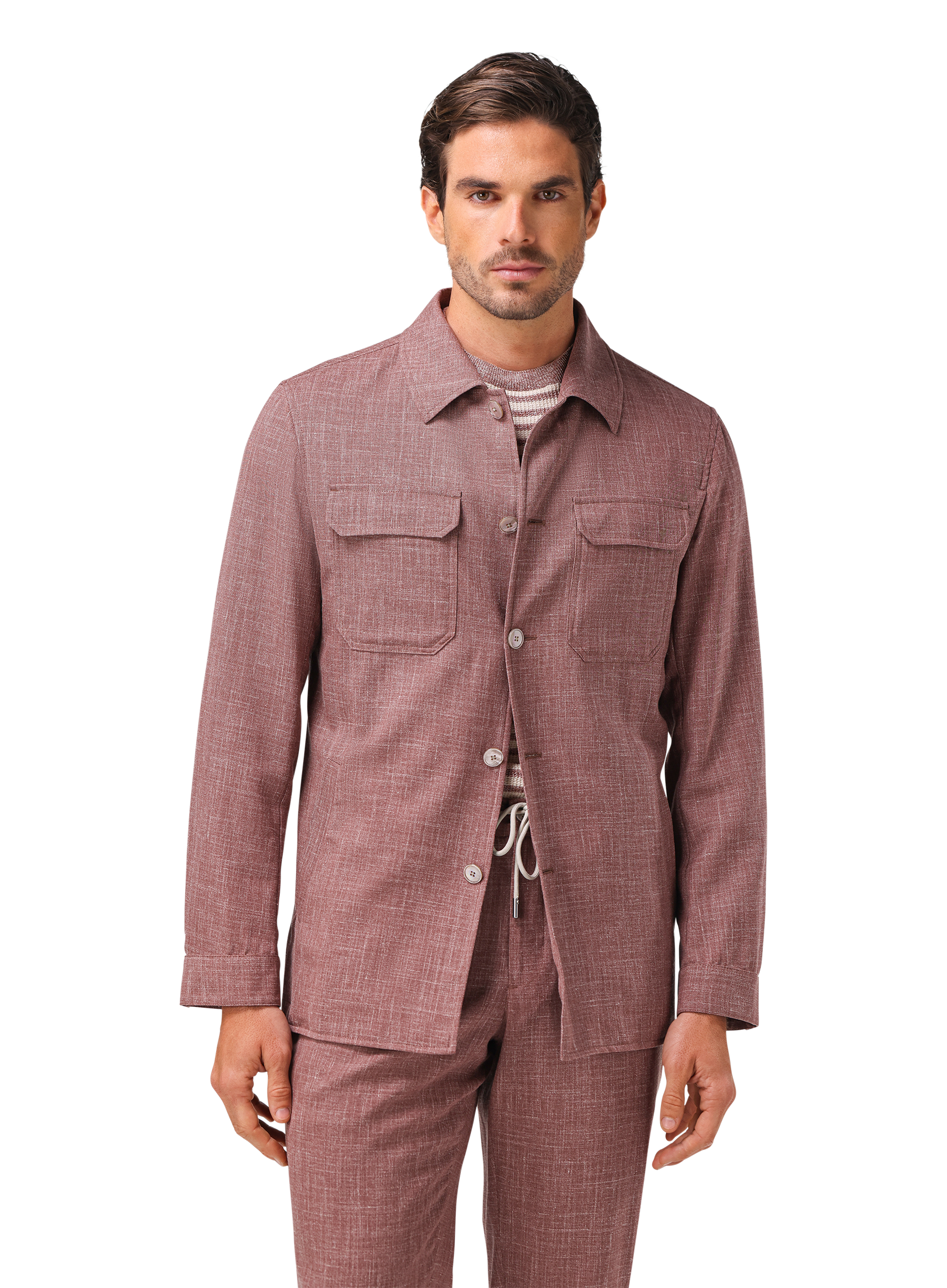 Pak met shirt jacket van wol, zijde en linnen (loro piana-stof) | FULL_WIDTH | MODEL | OUD ROZE