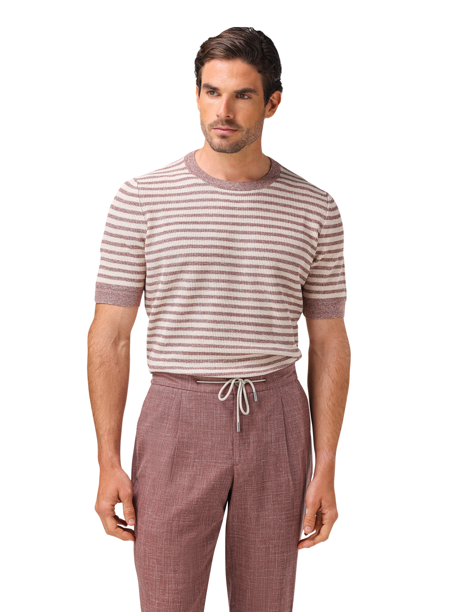Gestreept t-shirt van linnen en katoen | MODEL | FULL_WIDTH | ROZE