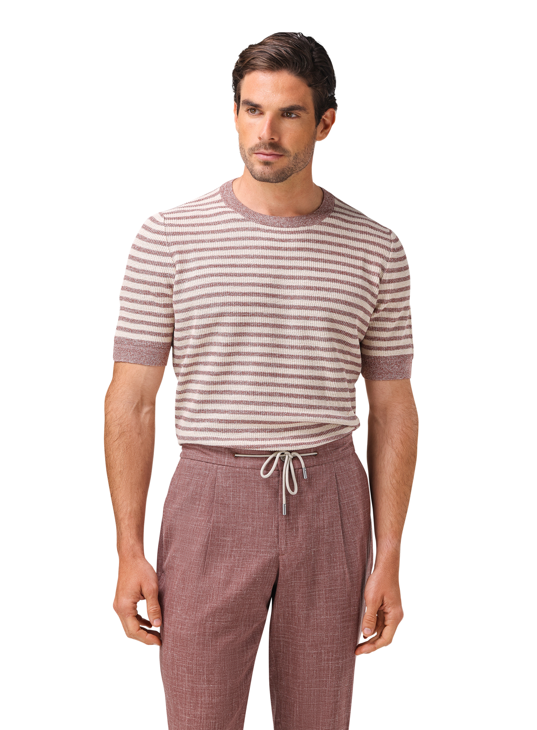 Gestreept t-shirt van linnen en katoen | MODEL | FULL_WIDTH | ROZE