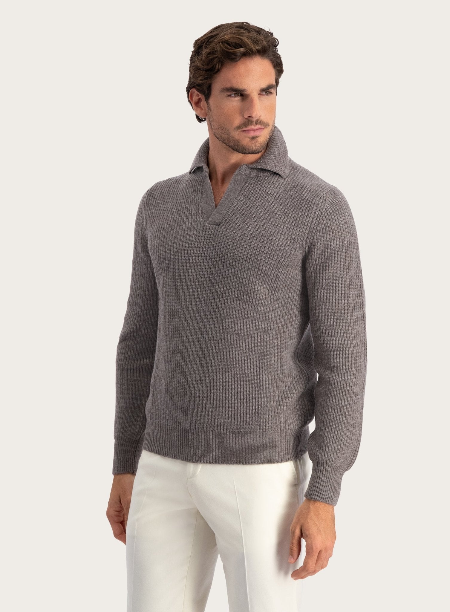 Buttonless polo van wol | TAUPE